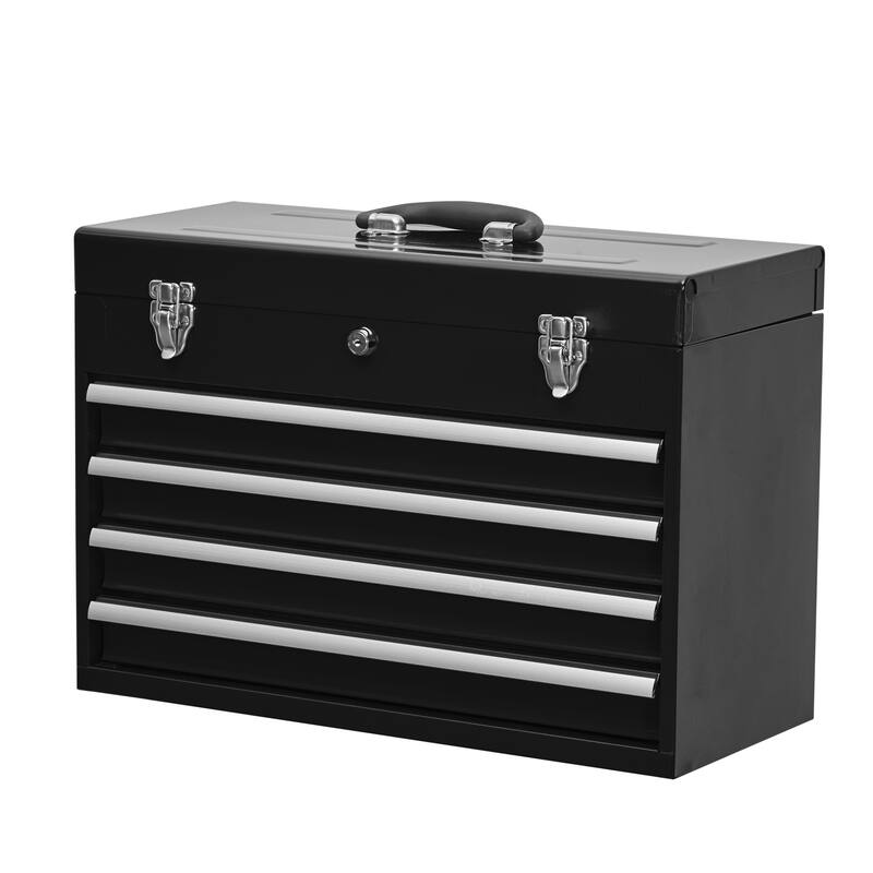 Portable Steel Tool Box with 4 Drawers,Cylinder Lock and Latch Closure - Black