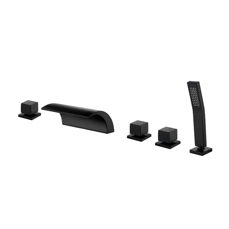 Deck Mount Tub Faucet With Hand Sprayer Brass Roman Bathtub Faucet Modern Waterfall Tub Filler With Handheld Showe - Matte Black