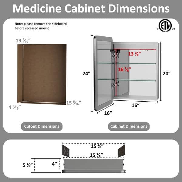 dimension image slide 2 of 9, Artemis Aluminum Recessed/Surface Mount Bathroom Medicine Cabinet with Mirror and Lights, Dimmable, Anti-Fog, Adjustable Shelf
