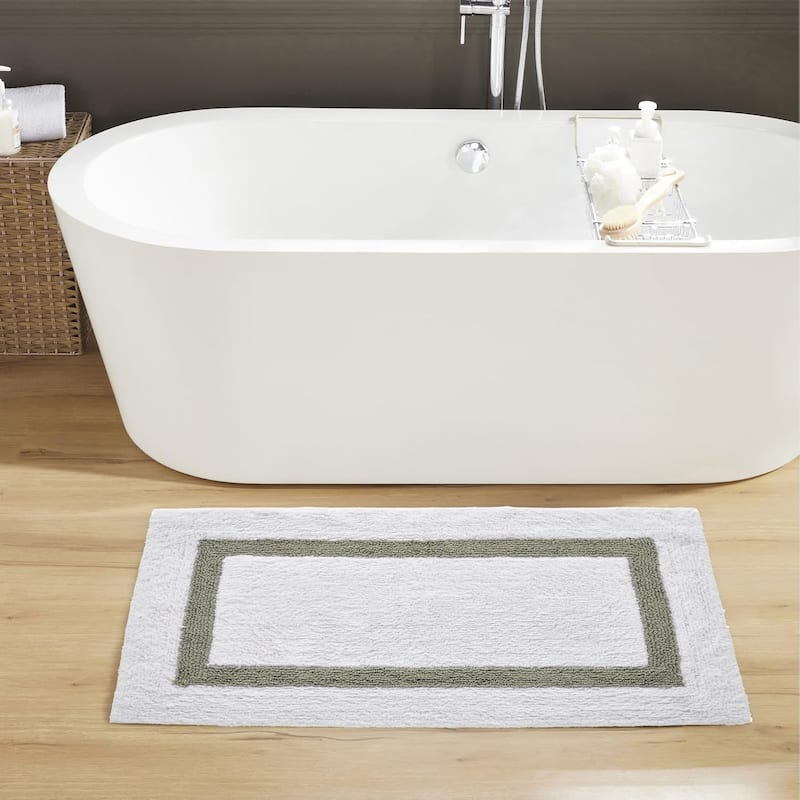 Better Trends Hotel Collection in Race Track 100% Cotton Super Absorbent Reversible Double Sided Machine Washable Bath Mat Rug - 24" x 40" Rectangle - White & Dark Sage