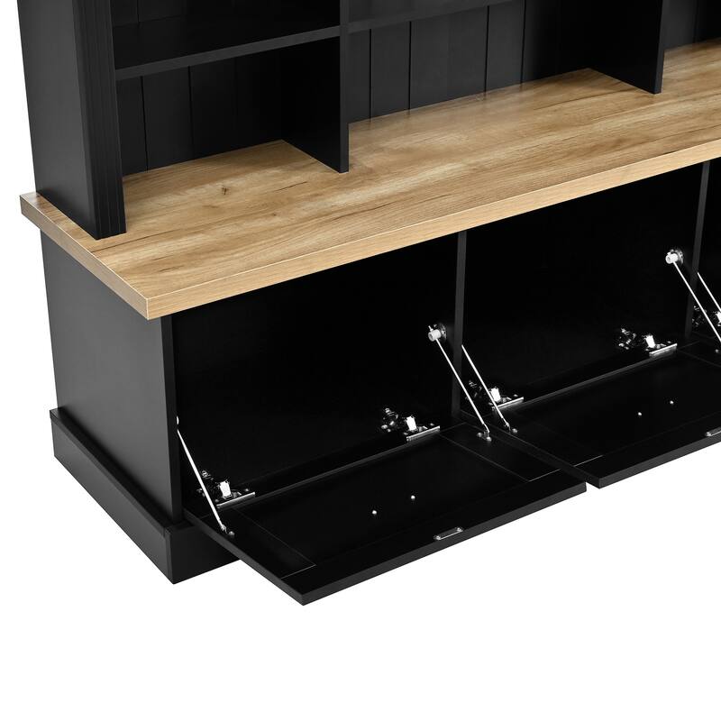 Elegant APP Controlled LED Light Hall Tree with 9 Hooks, Natural Storage Bench with 3 Large Cabinets, with Shelves