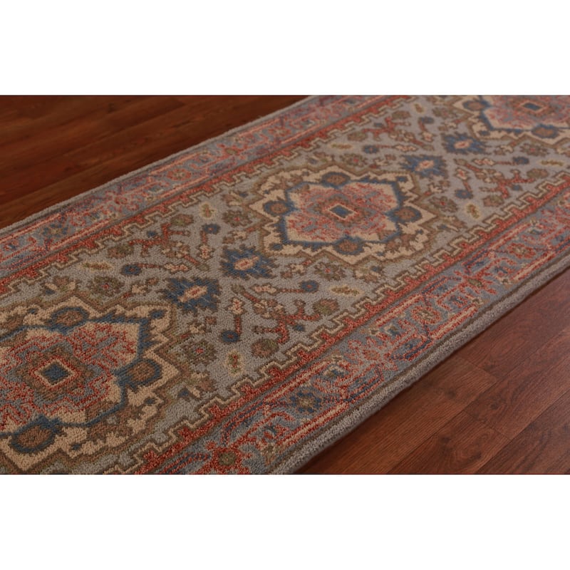 Hand Knotted Oriental 100% Wool Carpet Traditional Geometric Greys & Charcoal Heriz (serapi) Runner Rug - 8' 2'' X 2' 7''