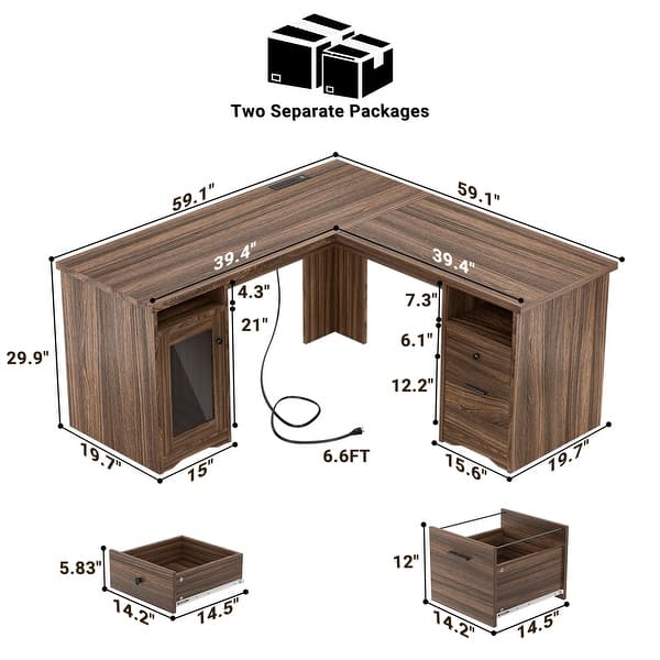 dimension image slide 0 of 7, Modern Farmhouse L-Shape Desk with File Cabinet and Drawers, Homer Office Executive Desk with Charge Station