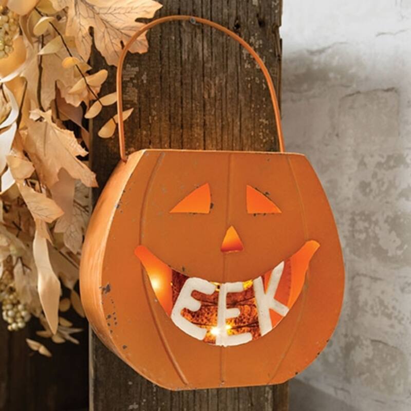 Orange Metal Jack O’ Lantern Luminary with Swing Handle Decor - 7.75 x 4 x 7 in.