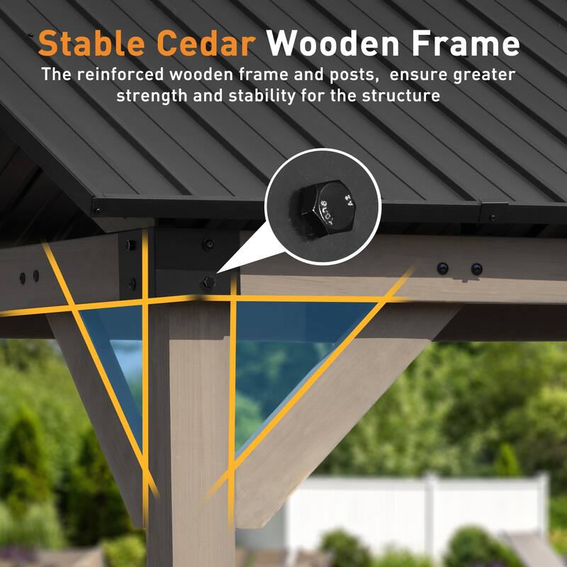 Aoodor 10 x 12 ft Wooden Frame Gazebo with Galvanized Metal Hardtop Roof, Outdoor Patio Gazebo with Outlets
