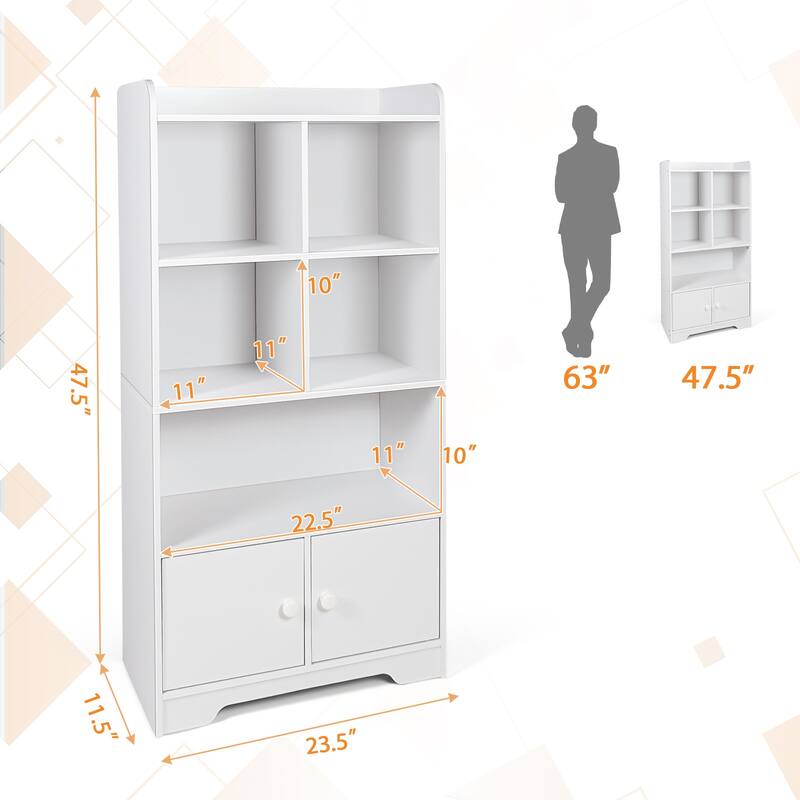 4 Tiers Bookshelf with 4 Cubes Display Shelf and 2 Doors - 23.5" x 11.5" x 47.5" (L x W x H)