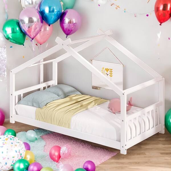 slide 2 of 23, Twin Size House Bed Wood Bed,Solid Construction for Home White