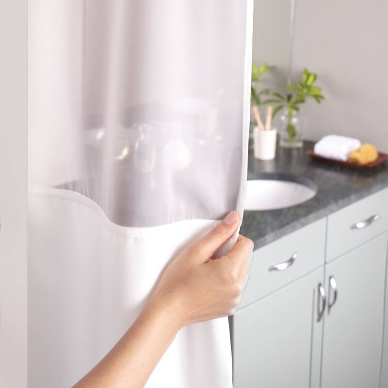Hookless Escape 3-in-1 Shower Curtain with Sheer Top Window, Flex-on Rings & Fabric Liner