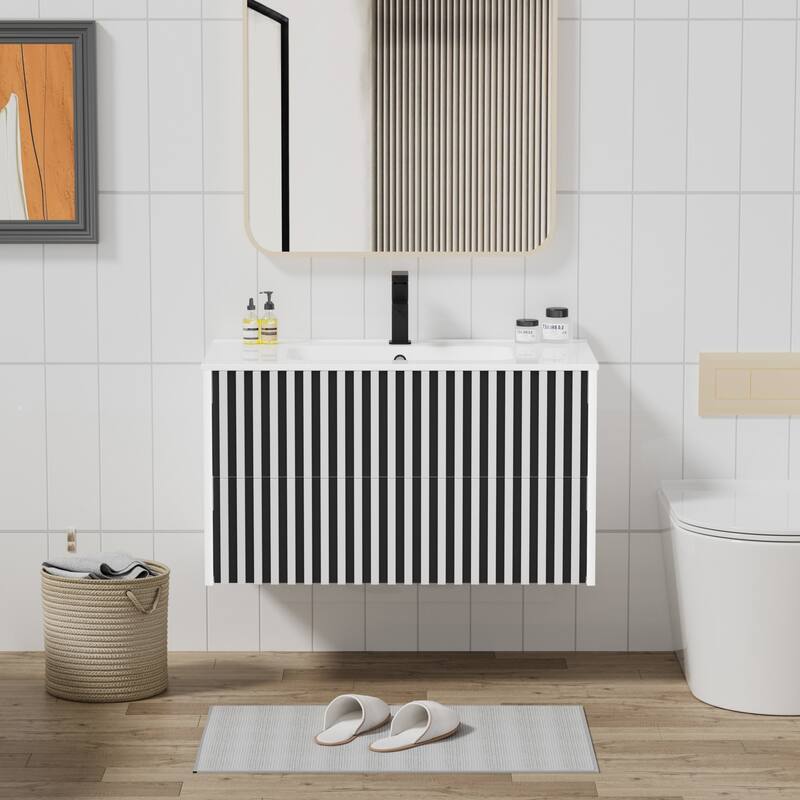 Wall Mounted Bathroom Vanity Set Mid-Century Storage Cabinet with Ceramic Sink - 36 in - White