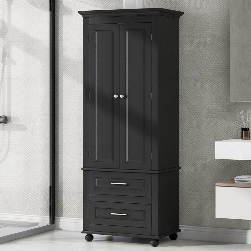 Tall Storage Cabinet with Two Drawers for Bathroom/Office - Black