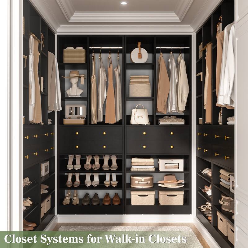 27.7'' Closet Organizer with Shoe Racks and Drawers, Closet System with Hanging Rod and Adjustable Shelves