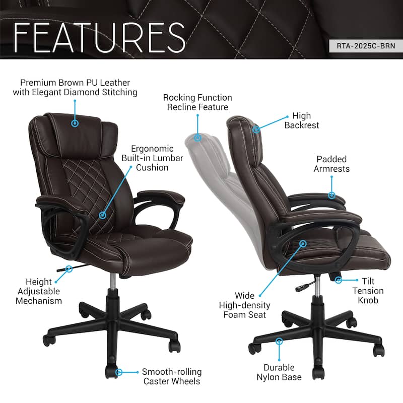 Techni Mobili Ergonomic Executive Office Chair High Back Faux Leather - Adjustable Height, Lumbar Support