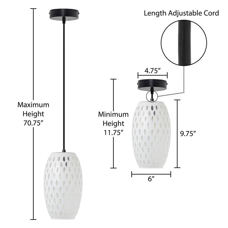 Adriana River of Goods Black Metal and White/Clear Glass 6-Inch Pendant Light with Adjustable Hanging Cord - 6" x 6" x 70.75"