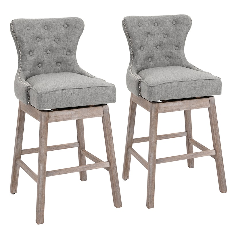 HOMCOM Upholstered Fabric Bar Height Bar Stools Set of 2, 180° Swivel Nailhead-Trim Pub Chairs, 30" Seat Height with Rubber Wood