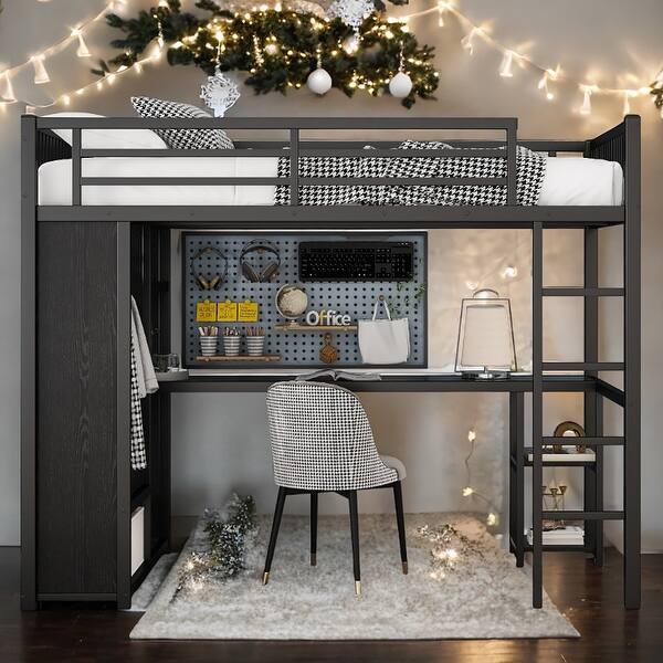 slide 2 of 8, Space-Saving Twin XL Size Loft Bed Frame with Built-In Wardrobe, Metal Loft Bed with Desk and Storage Shelves Black