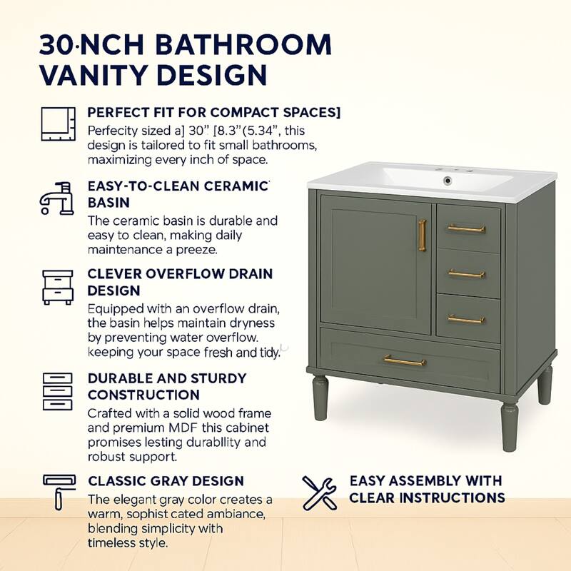 30" Ceramic Sink Bathroom Vanity with Gold Handles, Soft-Close Storage & Space-Saving Design