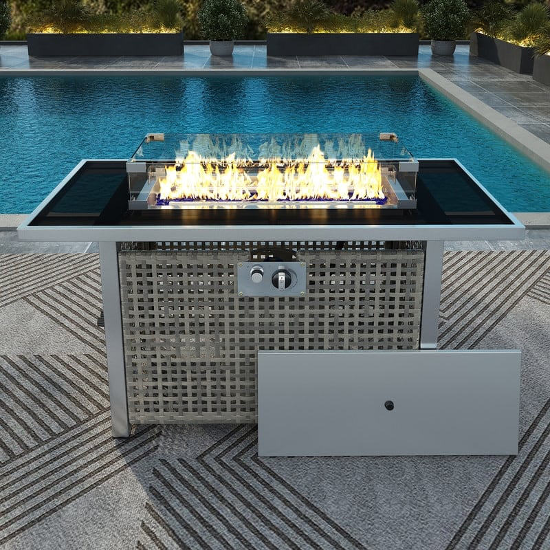 43" Propane Gas Fire Pit Table, 60000 BTU Rectangular Open Weave Wicker Fire Pit with Glass Wind Guard - Grey