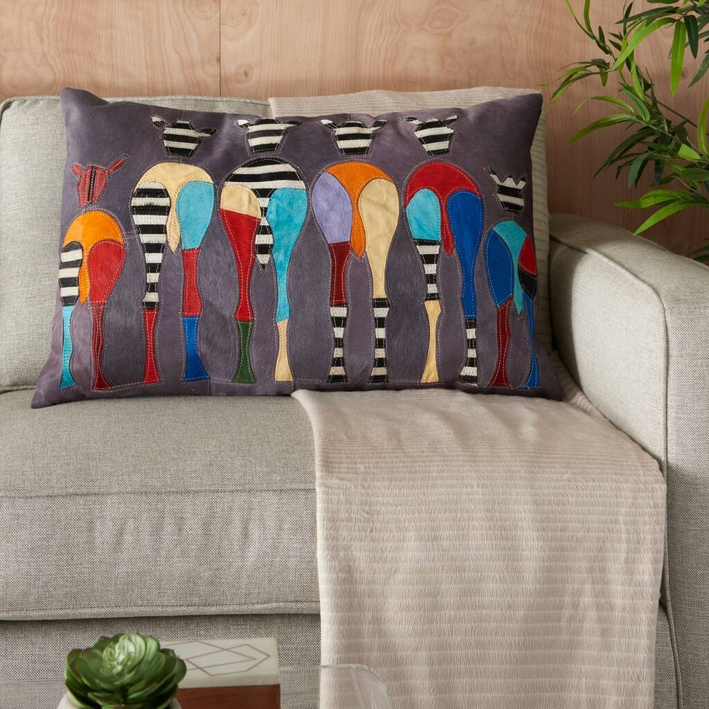 Mina Victory Natural Leather Hide Patchwork Zebra Grey Pillow, ( 20" x 30" )