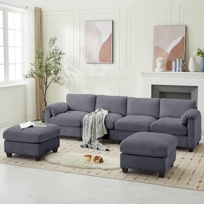 Corduroy Sectional Sofas with 2 Removable Ottomans, U-shaped Symmetrical 6-Seat Modular Couch
