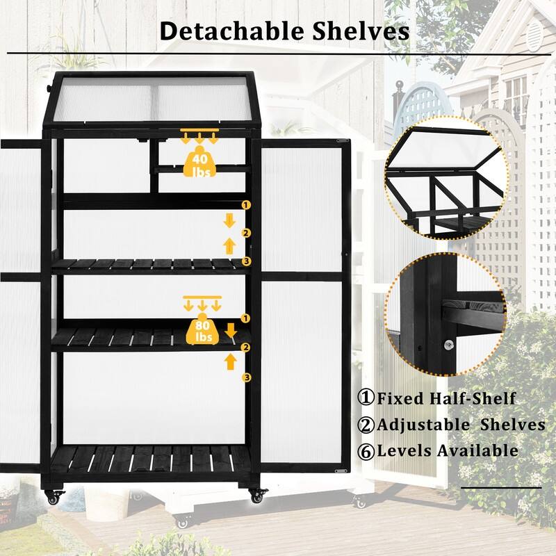 Wood Large Greenhouse with Wheels and Adjustable Shelves