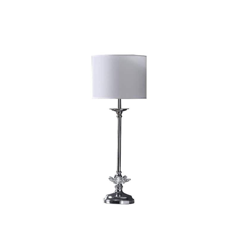 Silver Metal Candlestick Lamp with White Linen Shade and Faux Crystal Accent - 9.5” x 9.5” x 25.5” (D x W x H)