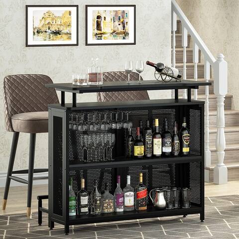 3 Tier Home Bar Unit, Wine Bar Table with Stemware Racks and Shelves
