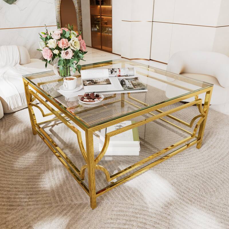 33.5" Square Glass Coffee Table, Modern Metal Frame Table with Tempered Glass Top & Lower Shelf, Luxury Living Room Accent Table