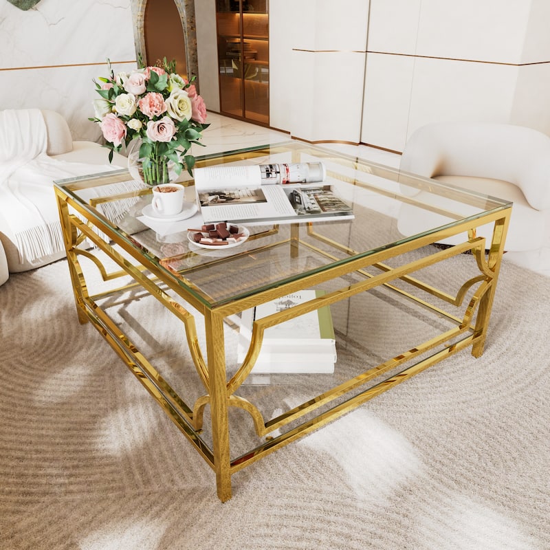 Square Glass Coffee Table in 33.5",Luxurious Geometric Metal Frame,Gold Finish & Lower Shelf