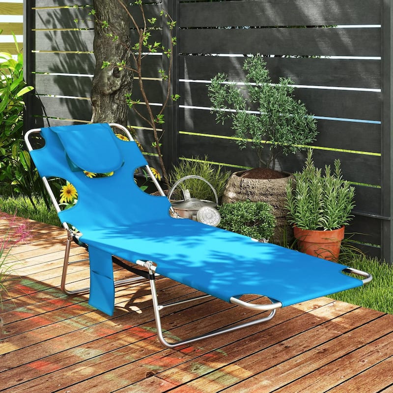 Folding Chaise Lounge Chair, 5 Position Sun Tanning, Face Hole,Pillow - Light Blue