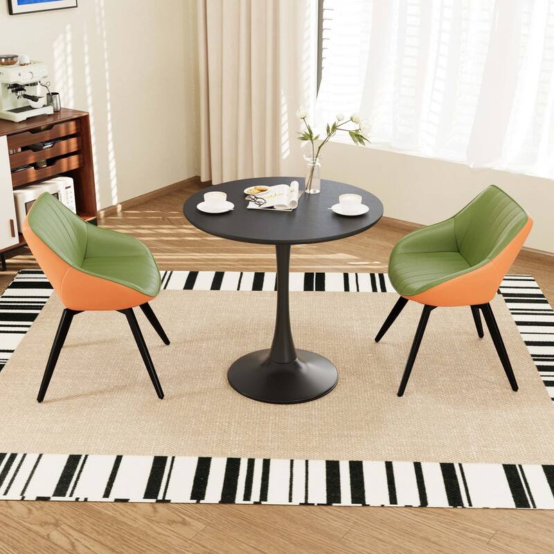 31.5 " MDF round dining table, tulip dining table, and 2 artificial leather decorative chairs with black metal legs