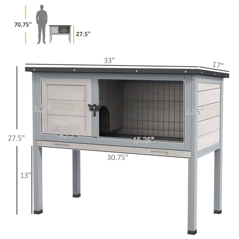 Gray and Black Fir Wood Bunny Hutch with Raised Design Sliding Tray and Predator Protection for Small Pets