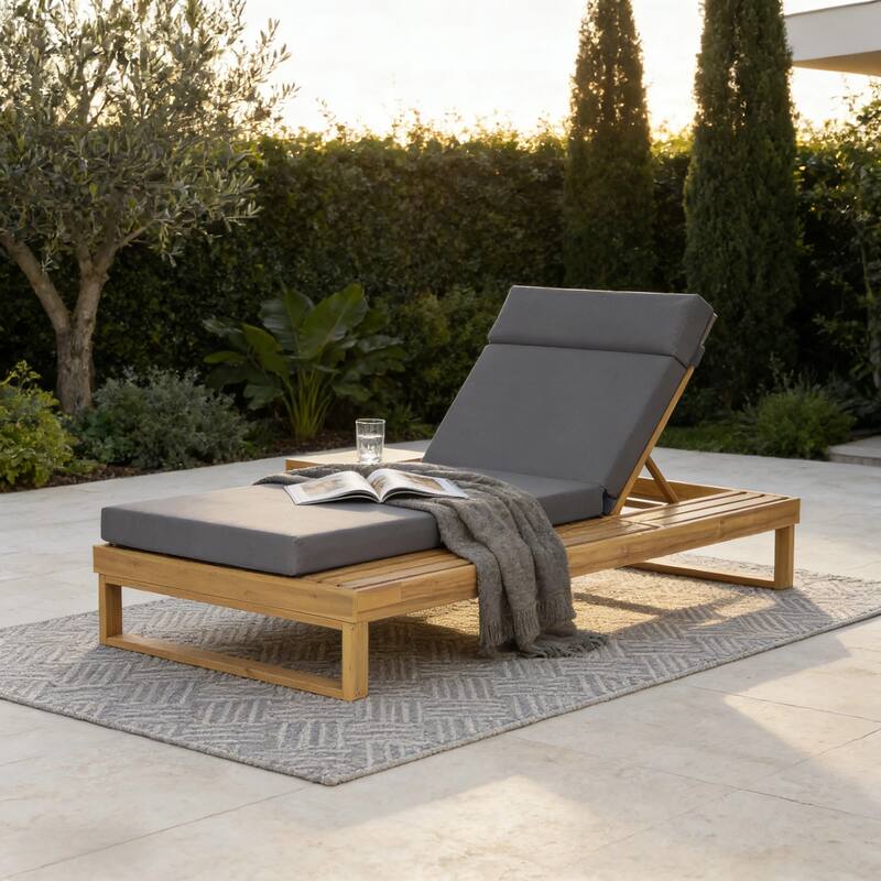 Christopher Knight Home - Modern Outdoor Acacia Wood Chaise Lounge with 4-Position Adjustable Backrest & 4-Fold Cushion