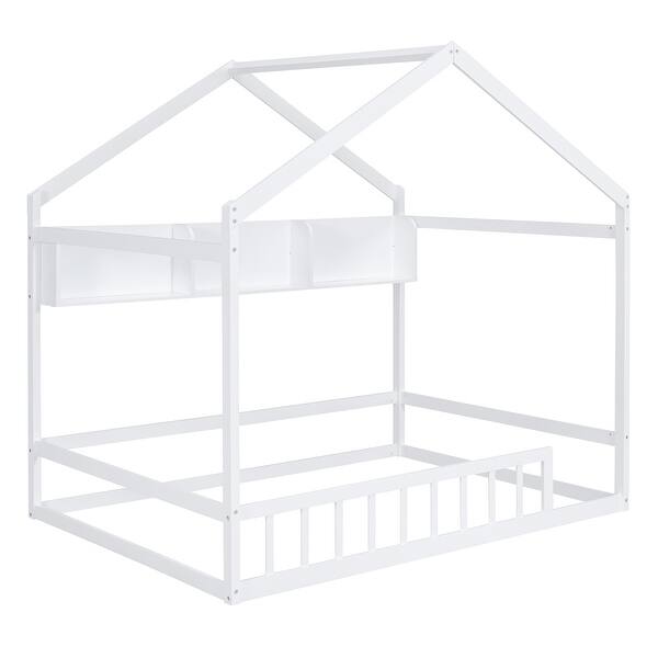 slide 2 of 10, White Pine Wood Playhouse Bed with Roof, Fence & Storage Shelf