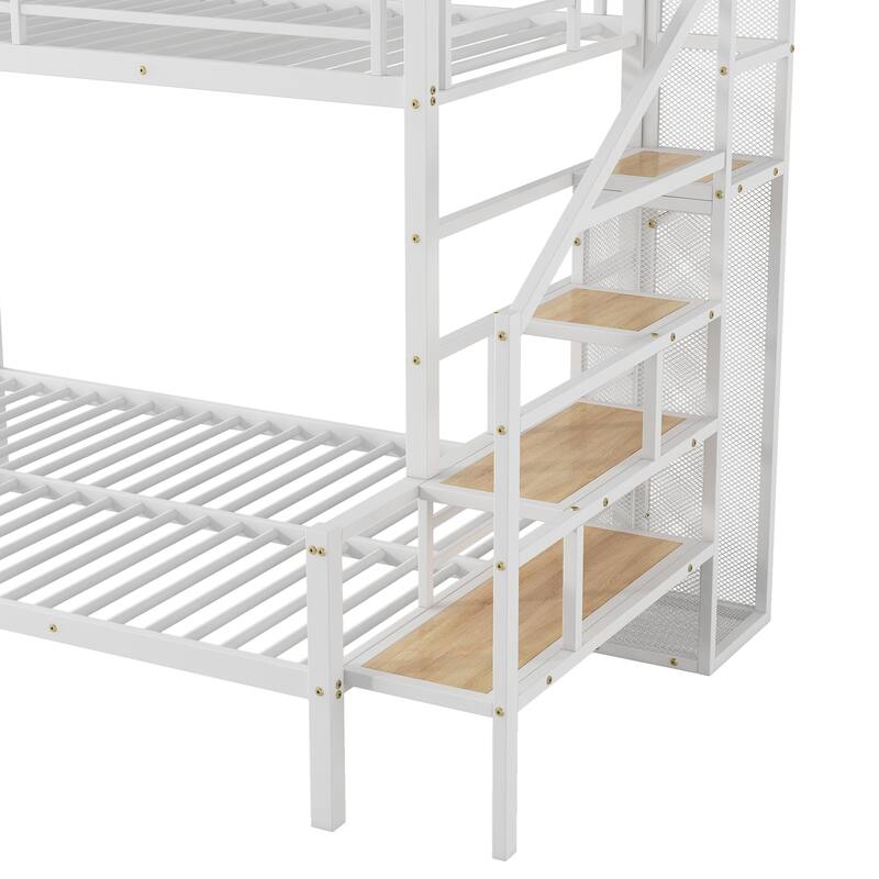 Twin Over Full Metal Bunk Bed with Storage Staircase & Wardrobe - 400LB Capacity