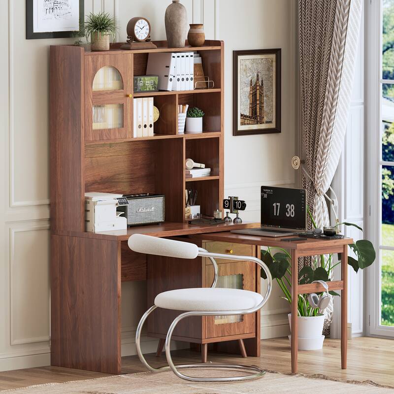 43" x 70" Home Office Desk with 90° Adjustable Tabletop, Storage Drawer & Cabinets – Perfect for Gaming, Study & Work in Bedroom - Walnut