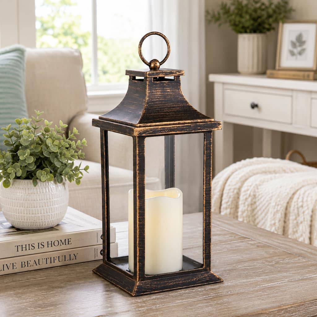 12.5" Black with Gold Brushing Candle Lantern with Flameless LED Cle