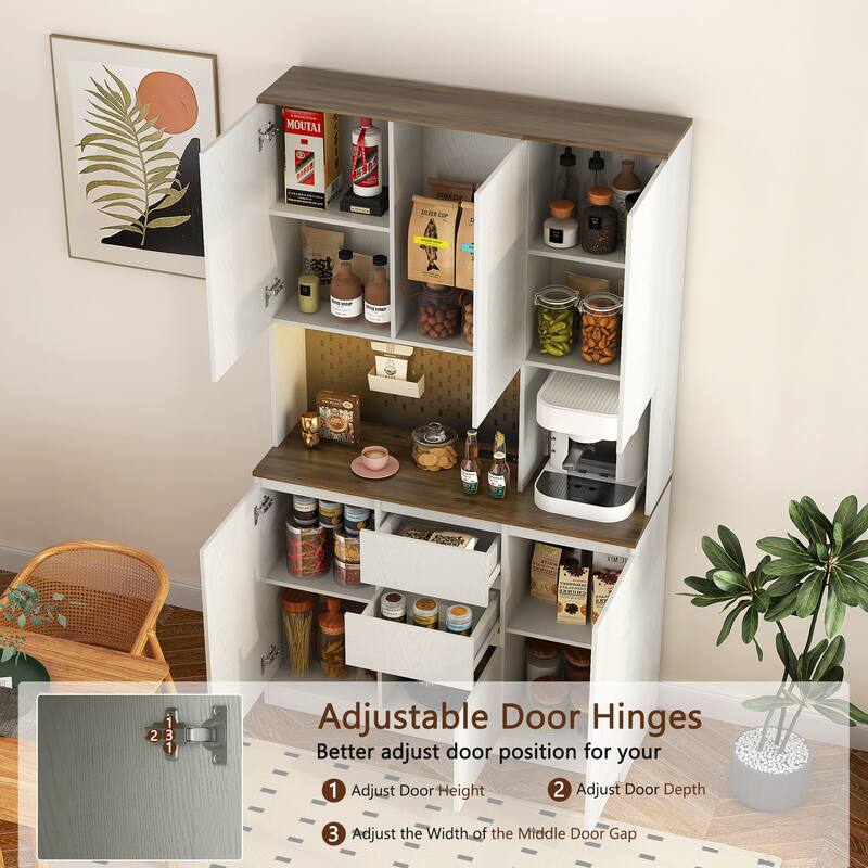 Freestanding Buffet Cupboard with Charging Station, LED Lights and Microwave Stand