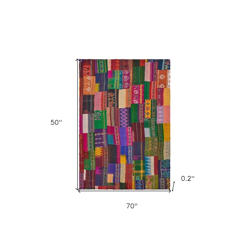 HomeRoots 70" X 50" Blue and Green Kantha Silk Patchwork Throw Blanket with Embroidery