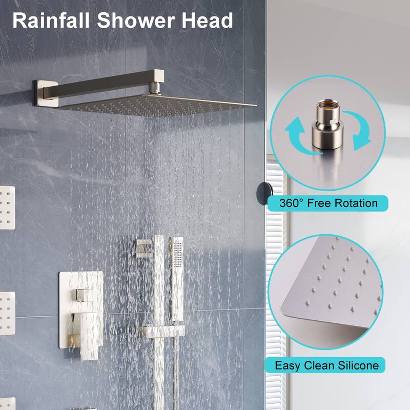 3-Function Shower System With 12" Ultra-Thin Square Shower Head,Body Jets And Hand Shower(Valve Included)