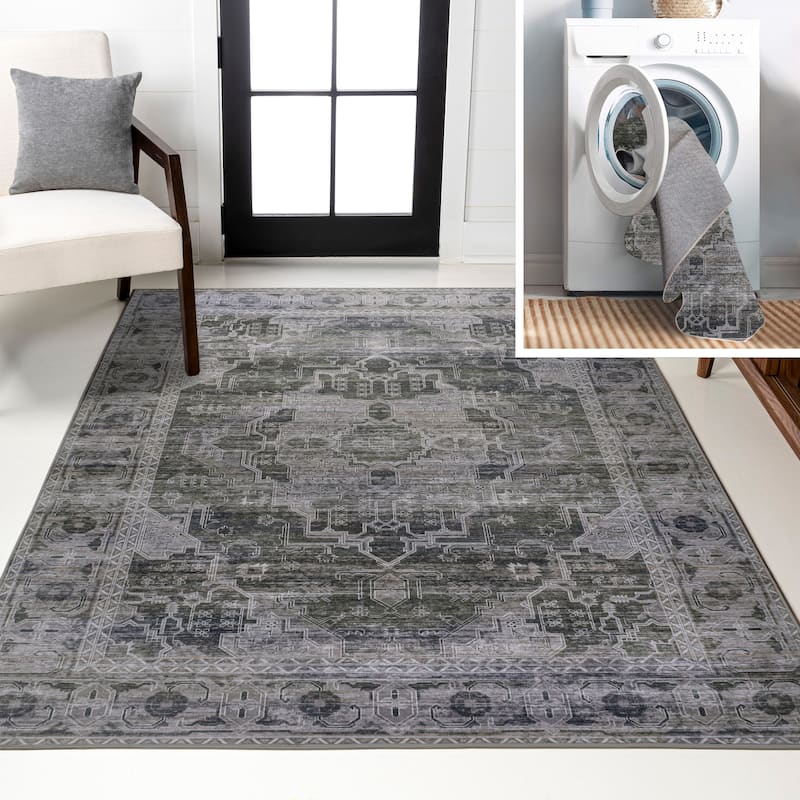 JONATHAN Y Dalyan Ornate Medallion Machine Washable Area Rug - 5 X 8 - Dark Green/Gray