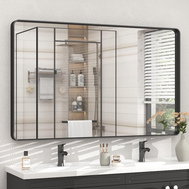 Aluminum Alloy Framed French Cleat Mounted Tempered Glass Wall Vanity Mirror - Black - 48" x 30"