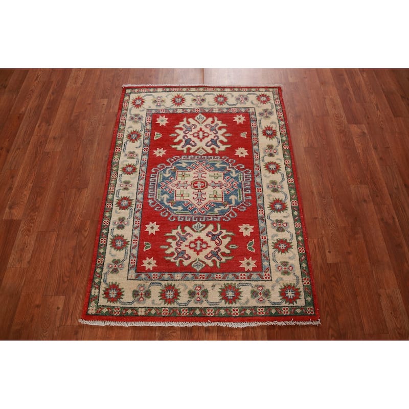 Red Kazak Foyer Rug Hand-Knotted Traditional / Geometric Wool Carpet - 2'9"x 3'9"