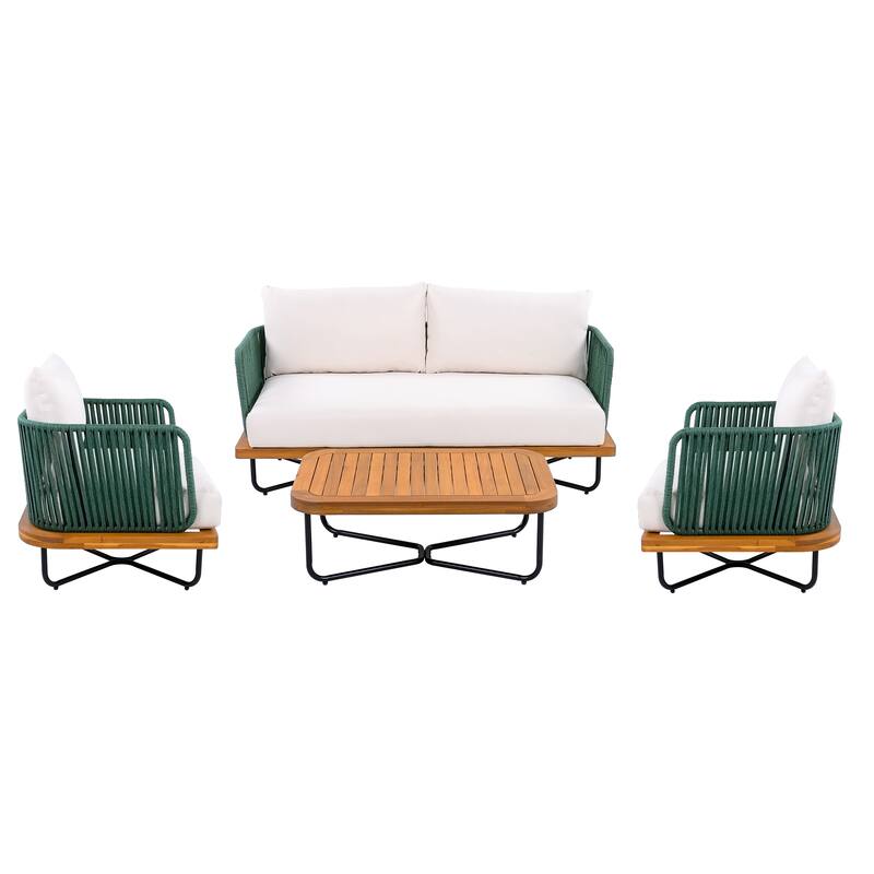 Christopher Knight Home- Mason Acacia Wood Outdoor Conversation Set - 4-Piece - Teak finish+Beige cushion+Green rope