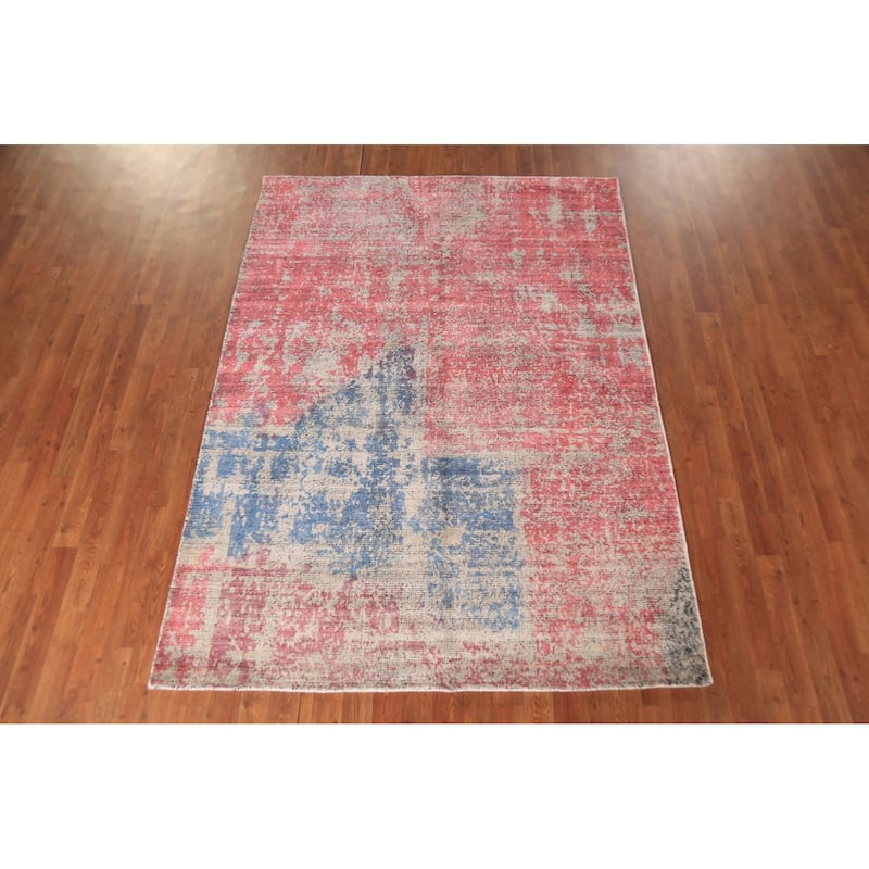 Pink Abstract Contemporary Area Rug Handmade Wool Carpet - 5'3"x 7'2"