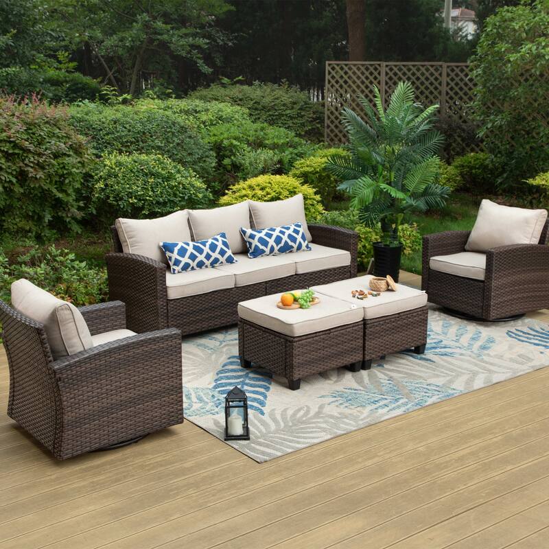 MAISON ARTS 7-Seat Patio Furniture Wicker Conversation Set with 2 x Swivel Glider Sofa Chairs, 3-seat Sofa and Ottoman