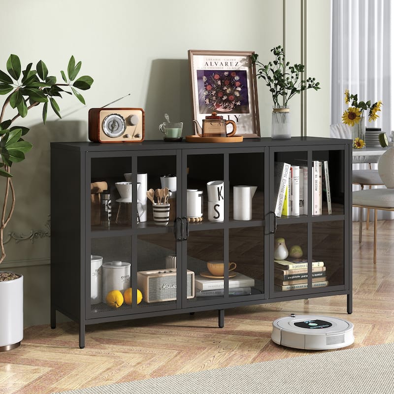 Heavy Duty Metal Modern Sideboard Buffet Cabinet with Storage Premium Steel Storage Cabinet ,Adjustable Feet,Glass Doors