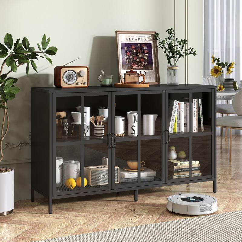 Sideboard Cabinet with Glass Doors, Coffee Bar Cabinet with Shelves, Steel Storage Cabinet with Adjustable Feet