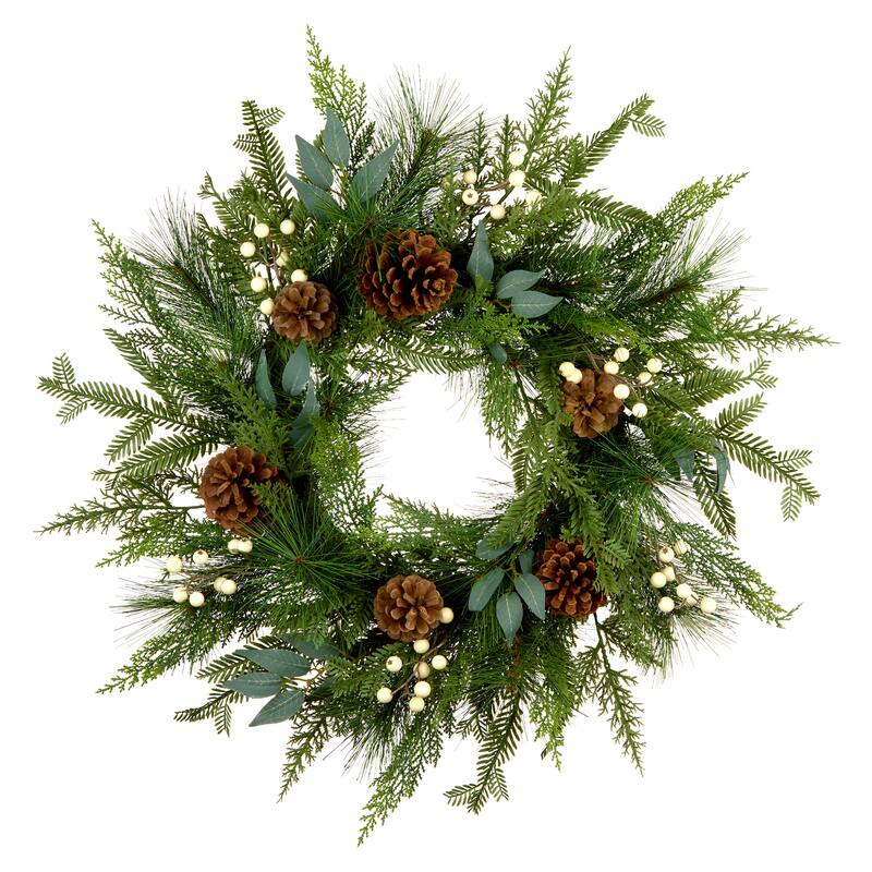 National Tree Company 2 ft. Artificial Inspired by Nature Christmas Wreath with White Berries, Pinecones, and Cypress Tips
