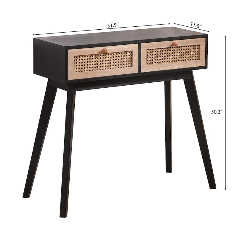 Side table with two real rattan drawers, solid wood table legs,can be used in the dining room, living room,bedroom,entrance