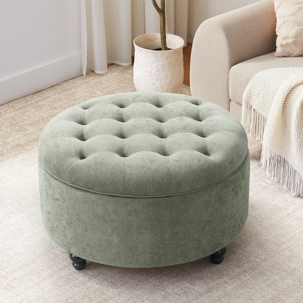 slide 2 of 66, Tufted Large Round Storage Ottoman Footrest Beige/ Grey/ Blue